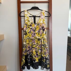 Bar III Patterned Fit & Flare Dress – Yellow, Pink, & Black – Size S